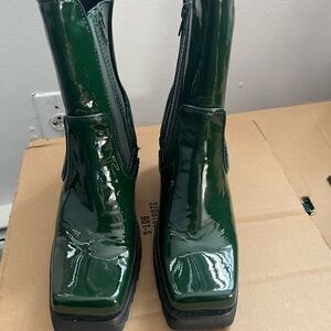 Jeffrey Campbell Dark Green Patent Leather  chunky heel ankle boots
